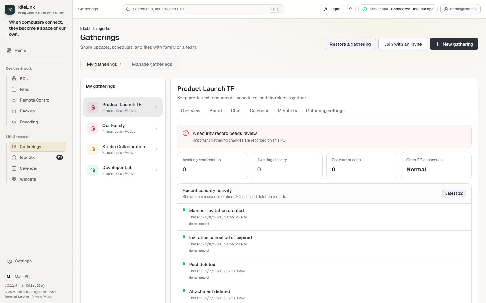The current IdleLink circle-security screen showing review state, connection health, and 12 recent security events.